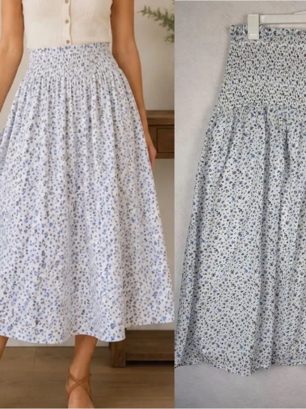 Tuckernuck Hyacinth House 100% Cotton White and Blue Floral Smocked Midi Skirt